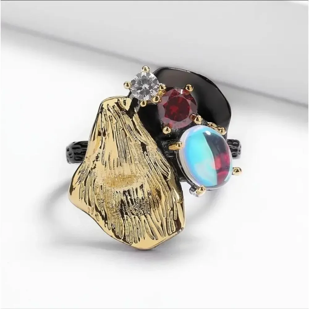 925 Hand crafted Gothic Black Moonstone Zircon Ring unisex